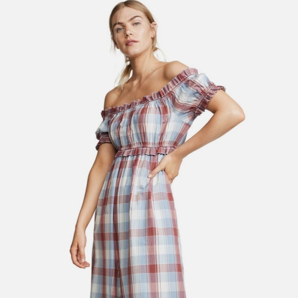 Ulla Johnson Plaid Off-Shoulder Jumpsuit Romper unique